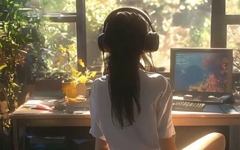 窗前听音乐的长发女孩